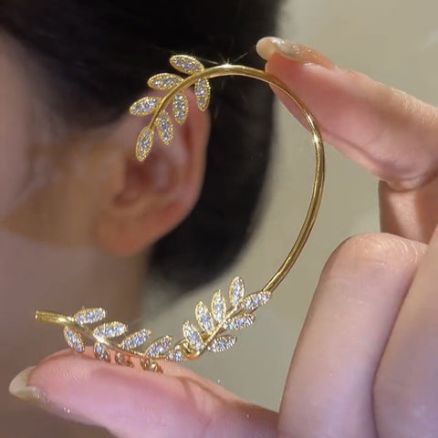 Arzonai 1pcs Leaf Shaped Rhinestone Decor Ear Climber (Left Side) Golden