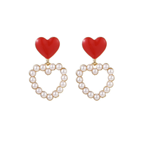 Arzonai South Korea Dongdaemun Double Love Heart Earrings Heart Shaped Oil Drop Hollow Alloy Earrings Female S925 Silver Needle Imitation Pearl Earrings