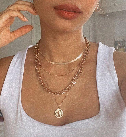 Arzonai European and American cross-border multi-layer snake bone chain necklace creative personality hollow map pendant necklace thick chain clavicle chain