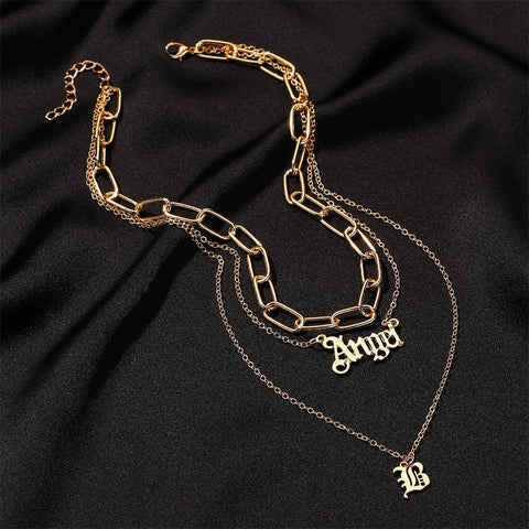 Arzonai American new multi-layer necklace, personality letter necklace, Angel necklace, hip hop thick chain, three-layer sweater chain