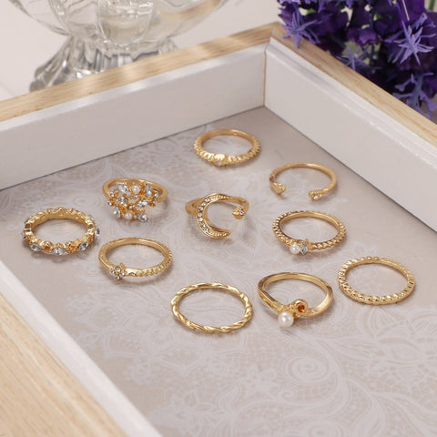 Arzonai ring combination 10 sets of moon stars leaves love rhinestone joint ring set wholesale