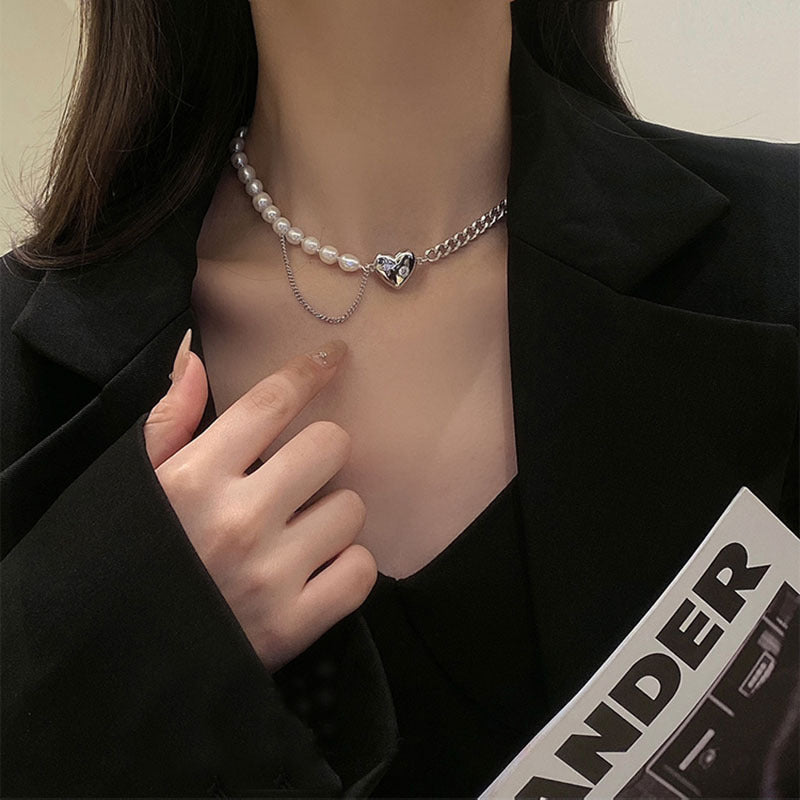 Arzonai Imitation pearl love stitching necklace female ins hip-hop clavicle chain summer light luxury niche design simple accessories