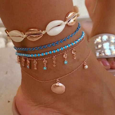 Arzonai new jewelry fashion creative alloy heart-shaped eyes rice beads woven shell multilayer anklet