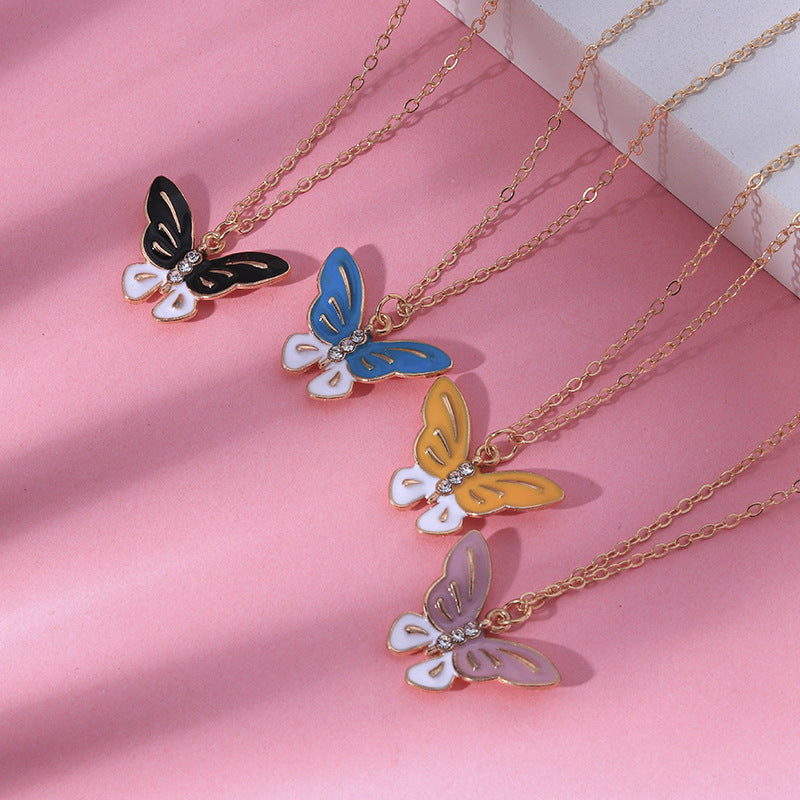 Arzonai Japan and South Korea New Cartoon Aesthetic Butterfly Pendant Necklace  Butterfly Sweater Chain with Rhinestone Sweet and Fresh