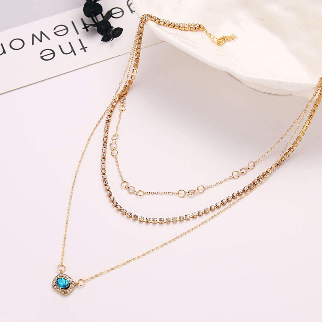 Arzonai Boho Multi-element Crystal Necklaces For Women Gold Necklace Vintage Multiple Layers Pendant Necklace Jewelry