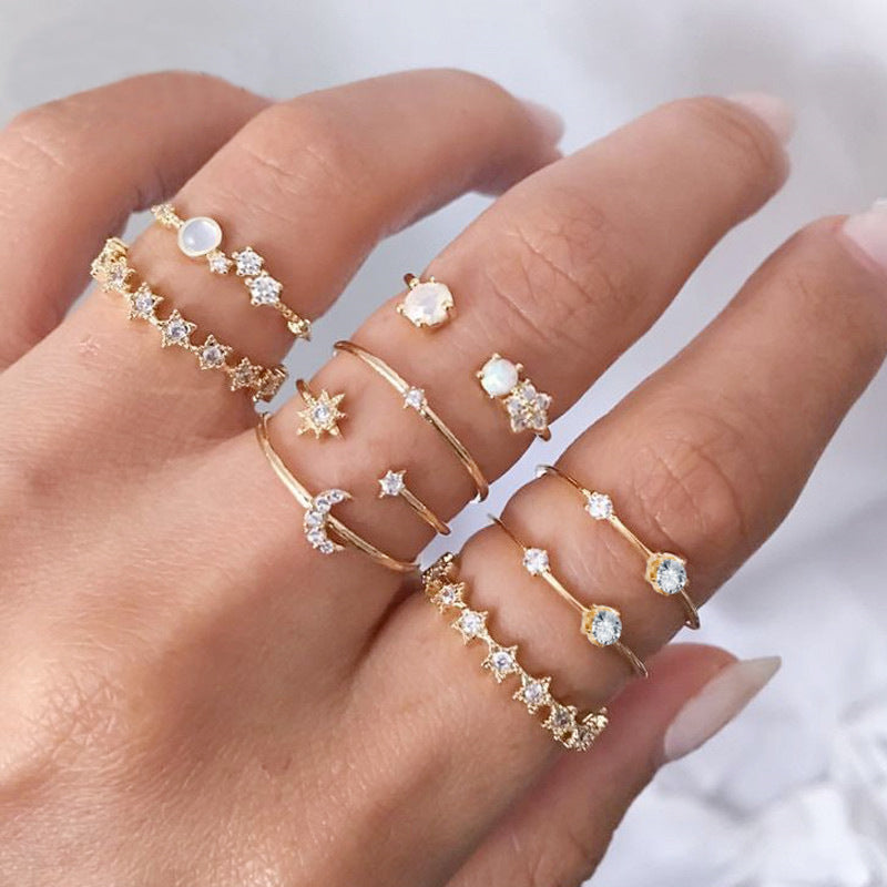 Arzonai Korean decoration world Europe and the United States cross-border star crescent ring 9-piece set of retro simple inlaid brick alloy joint ring