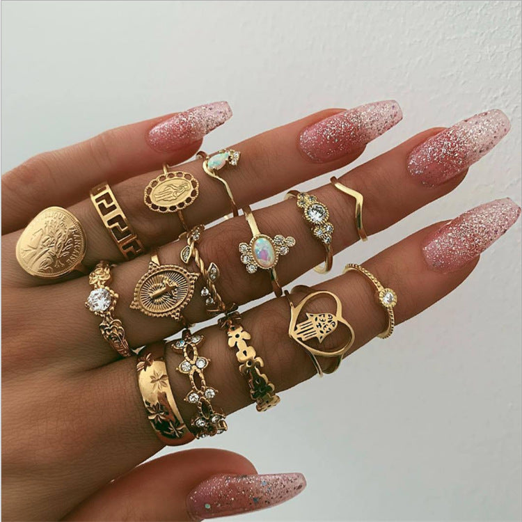 Arzonai Vintage Coin Knuckle Cross Rings, Good Luck Knuckle Gold Gemstone Ring Set for Women Girls (15 Pieces)