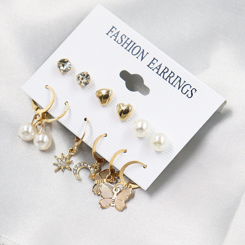 Arzonai pairs of combination earrings set star moon pearl butterfly French hook earrings factory wholesale