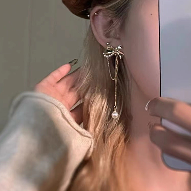 Arzonai bow earrings long tassel earrings temperament Korean exquisite pearl spot gold for Women and Girls