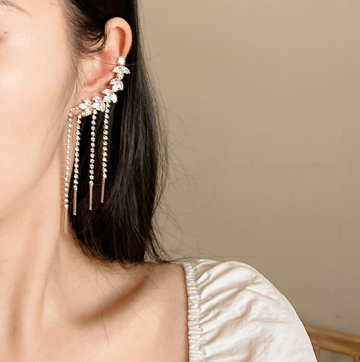 Arzonai 2pcs olive branch earrings Korean temperament one-piece ear bone clip diamond tassel earrings fashion earrings For women and Girls