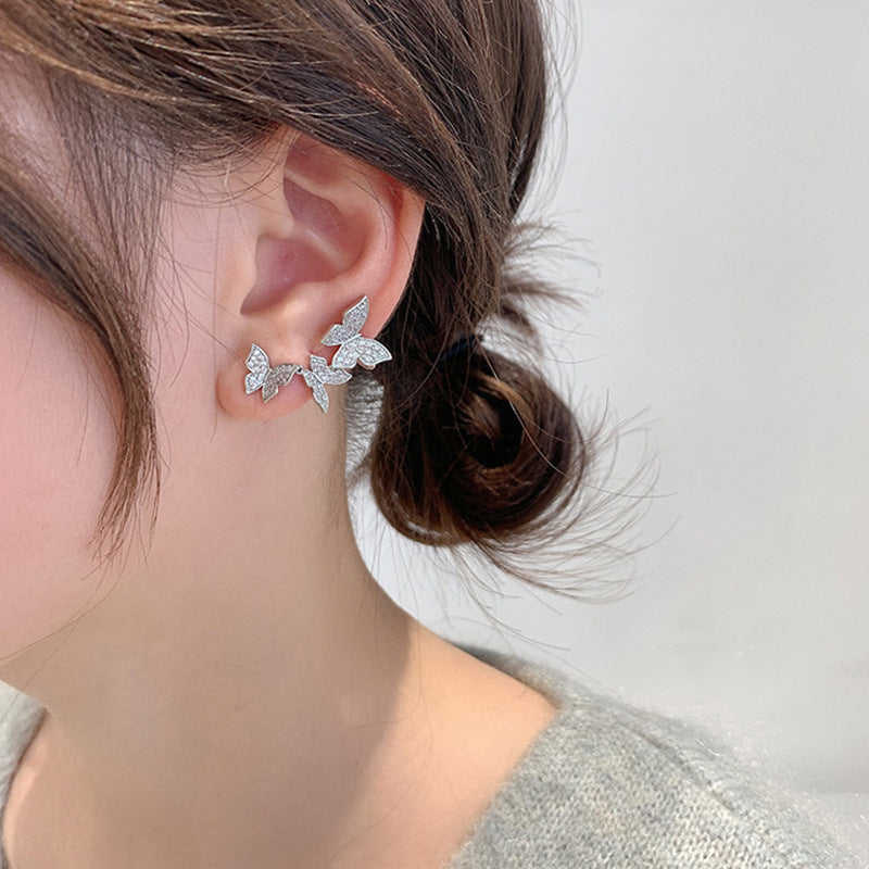 Arzonai silver needle asymmetric micro-set butterfly earrings long temperament earrings delicate silver needle earrings fairy earrings for women and Girls