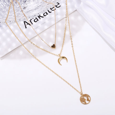 Arzonai Love Crescent Map Pendant Multilayer Necklace Creative Retro Alloy Metal Clavicle Chain