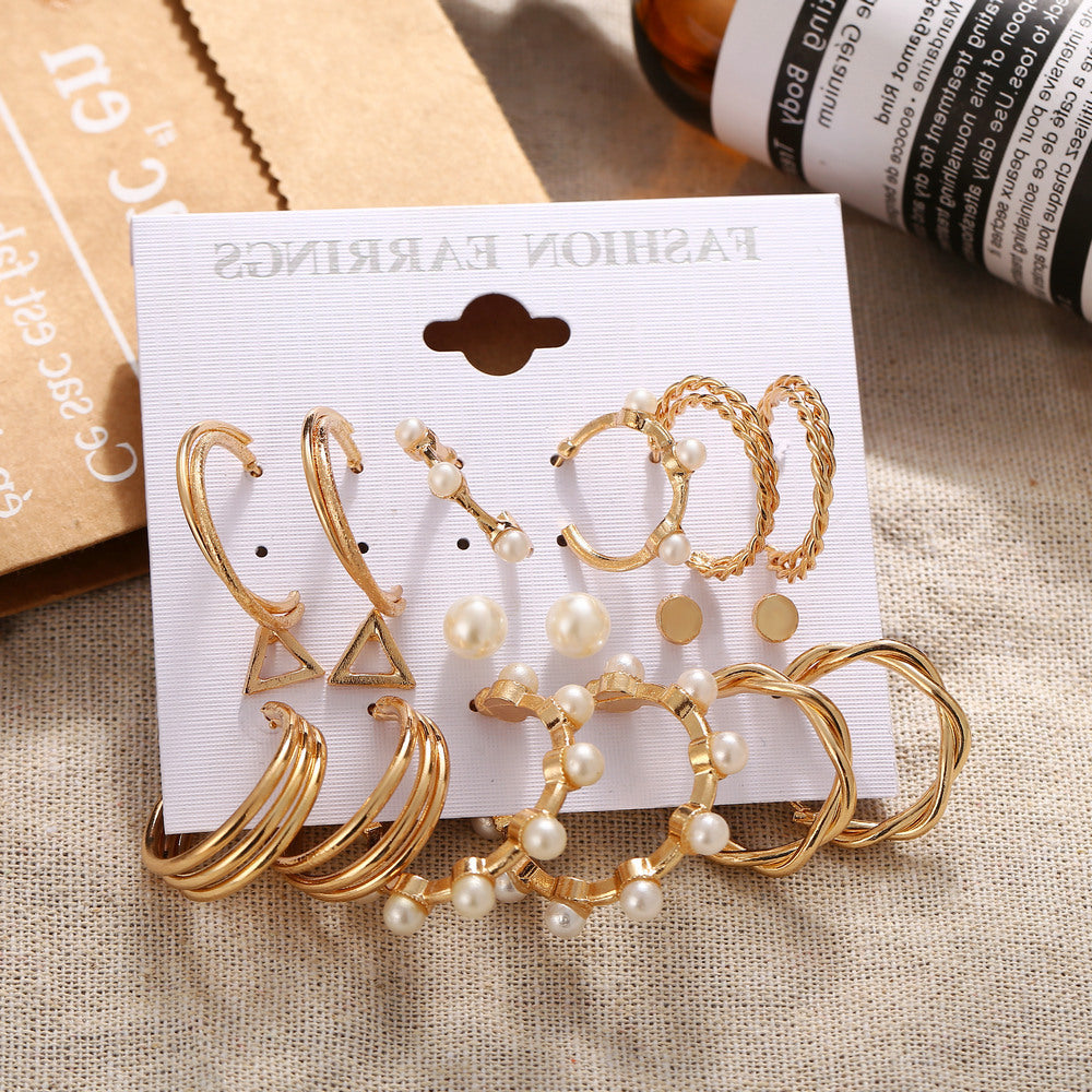 Arzonai Best Selling C Type Big Hoop Earrings Vintage Imitation Pearl Stud 9 Pieces Earrings Set