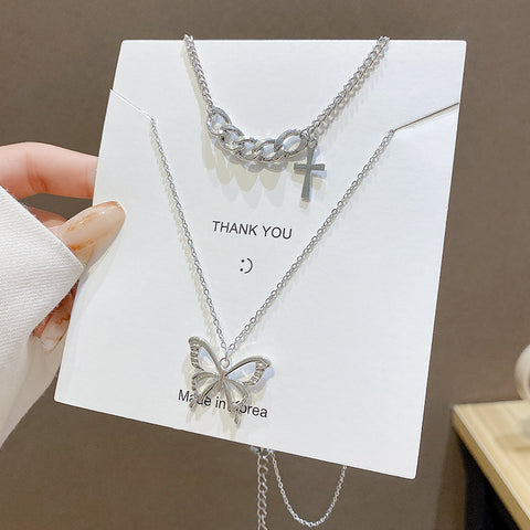 Arzonai Summer multi-layer butterfly necklace female ins hip-hop bow collarbone chain ins cold wind Korean decorative necklace