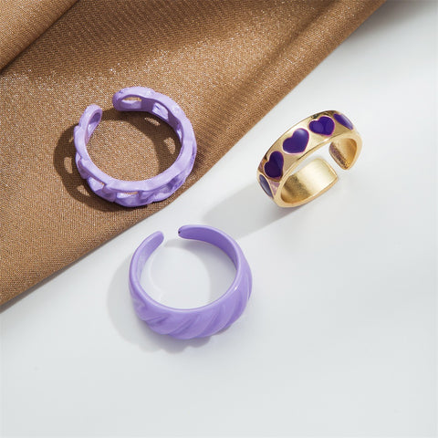 Arzonai love heart hollow ring 3-piece set Korean creative retro geometric joint ring set-Purple