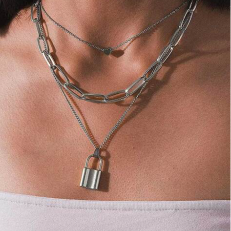 THREE LAYERED PADLOCK HEART LAYERED NECKLACE FOR WOMEN AND GIRLS