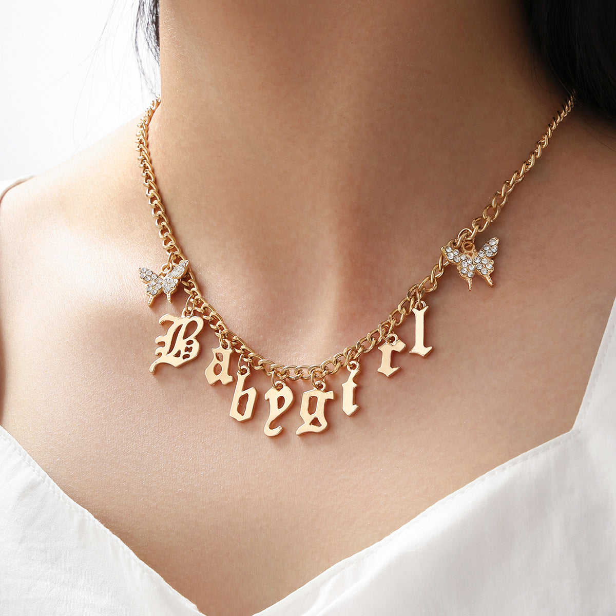 Arzonai European and American ladies clavicle chain simple and sweet butterfly necklace English letters Babygirl tassel necklace 1Pc
