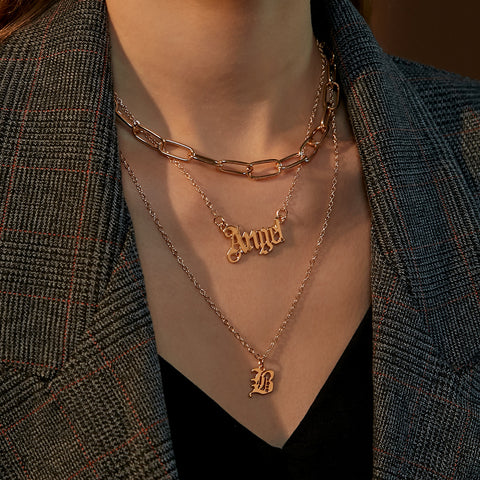 Arzonai American new multi-layer necklace, personality letter necklace, Angel necklace, hip hop thick chain, three-layer sweater chain