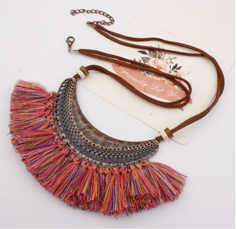 Arzonai tassel necklace, European and American jewelry, big crescent ring, accessories, big bohemian tassel sweater chain
