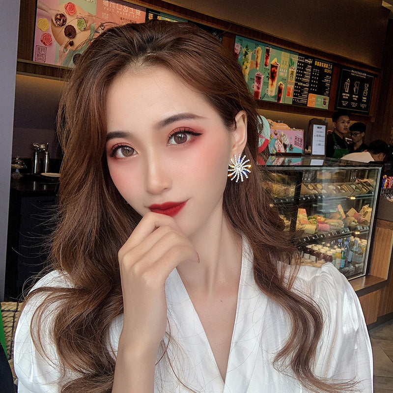 Arzonai Needle Goddess of Fortune Sun Full Diamond Luxury Earrings New Trendy Stud Earrings Korean Exaggerated Earrings Women