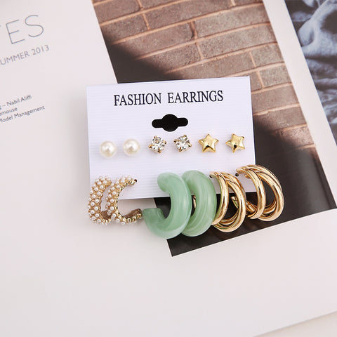 Arzonai new creative simple women's jewelry geometric earrings zircon pearl three-tube resin earrings set