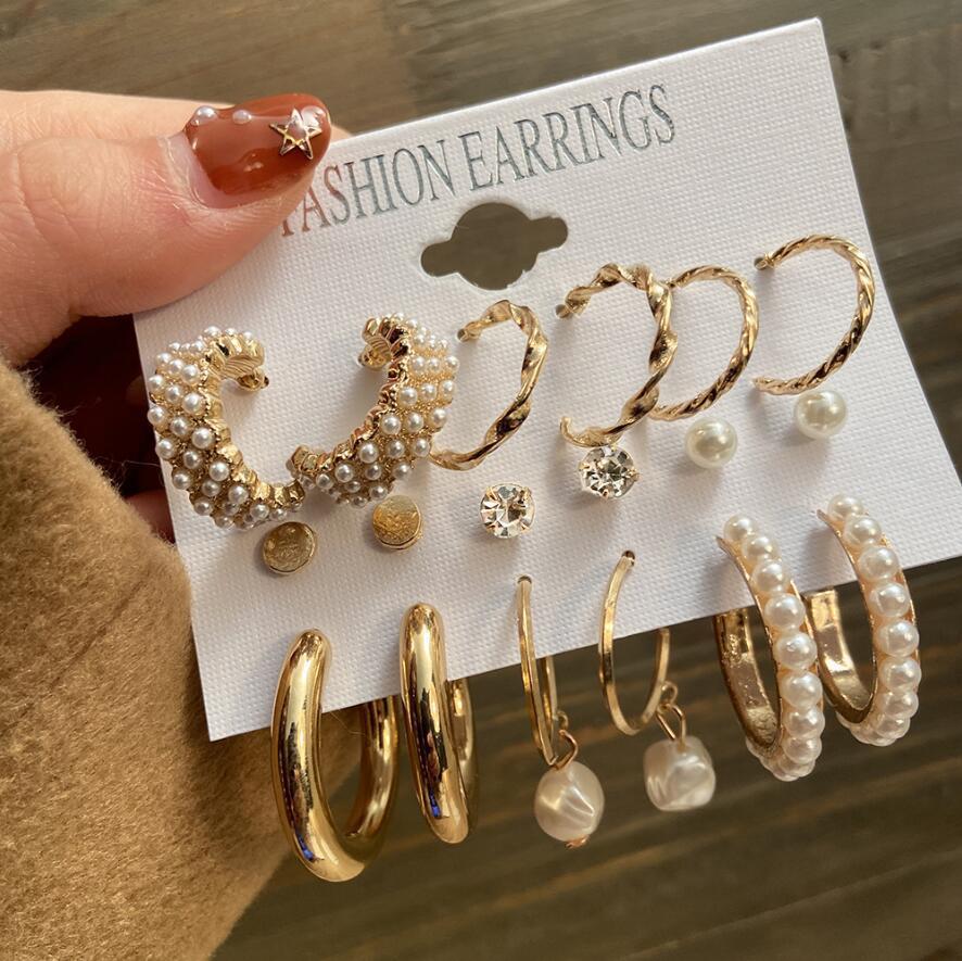 Arzonai new pearl zircon temperament earrings ladies geometric pearl earrings 9-piece set