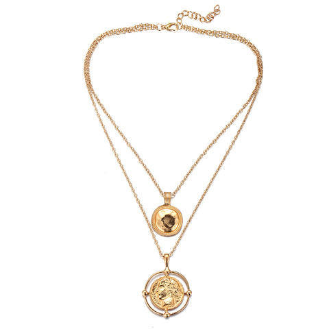 Arzonai European and American cross-border necklace creative retro gold alloy head seal disc necklace