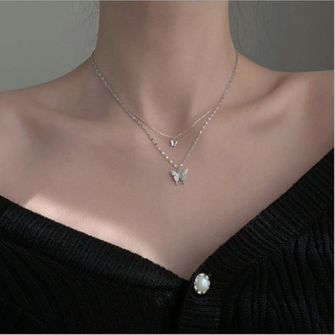 Arzonai fashion simple personality necklace diamond butterfly double-layer necklace temperament design sense necklace-Silver