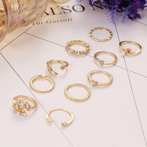 Arzonai ring combination 10 sets of moon stars leaves love rhinestone joint ring set wholesale