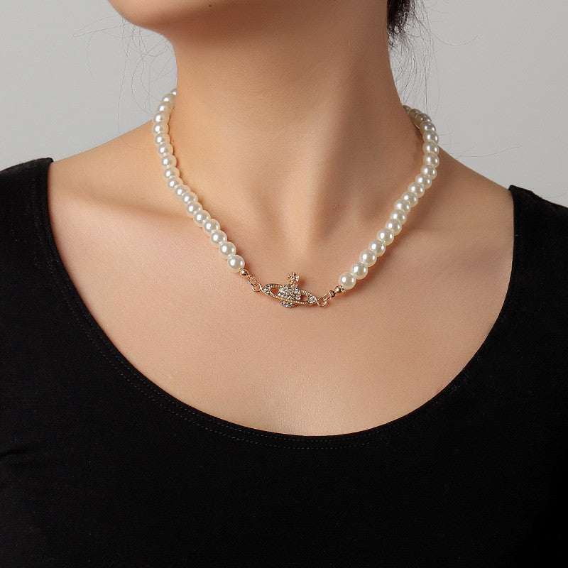 Arzonai  simple fashion necklace jewelry creative popular temperament pearl necklace diamond planet pendant necklace
