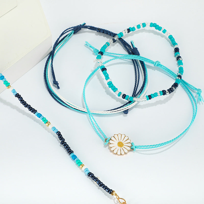 Arzonai  new hand-woven cord color rice beads flower bracelet daisy cord bracelet 4-piece set