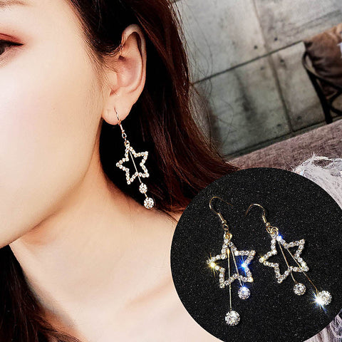 Arzonai Korean fashion temperament star pentagram earrings female net red super flash rhinestone earrings all-match long tassel earrings