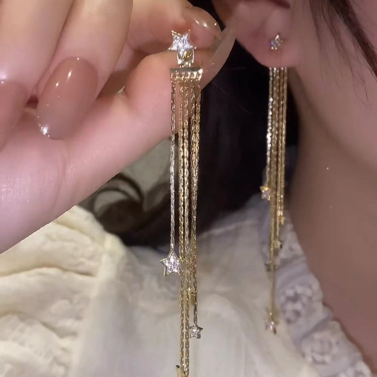 Arzonai  long star tassel earrings light luxury temperament face thin earrings fashion atmosphere high-end earrings