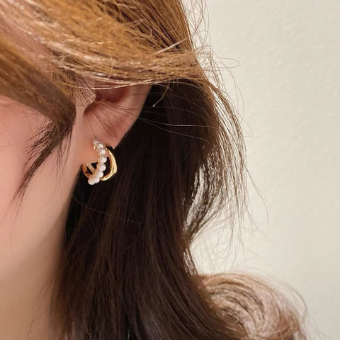Arzonai  Cross C-shaped Pearl Stud Earrings Double Wave Earrings Niche Design Light Luxury Korean Net Red Earrings Women