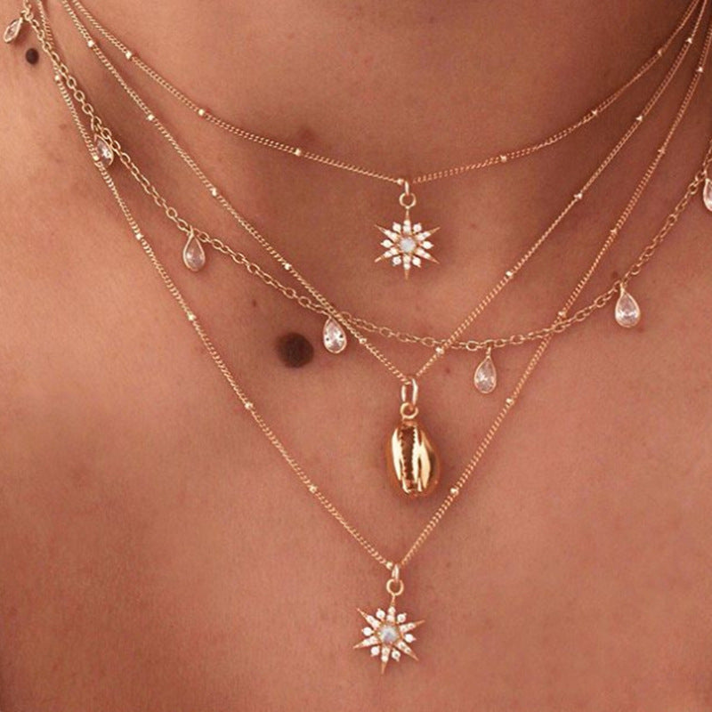 Arzonai Meteor Necklace European and American Shell Sweater Chain Female Clavicle Chain Three-pointed Star Rice Pendant Personalized Casual Jewelry