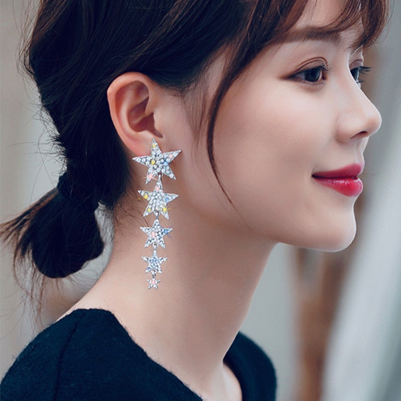 Arzonai  Asymmetric Pentagram Pearl Long Dangle Earrings for Women Luxury Elegant Mosaic Crystal Earrings Party Jewelry for women and Girls