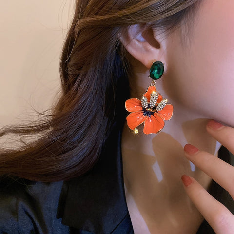 Arzonai Orange Enamel Drop Earrings for Women Vintage Green Crystal Earrings Korean Style Party Jewelry