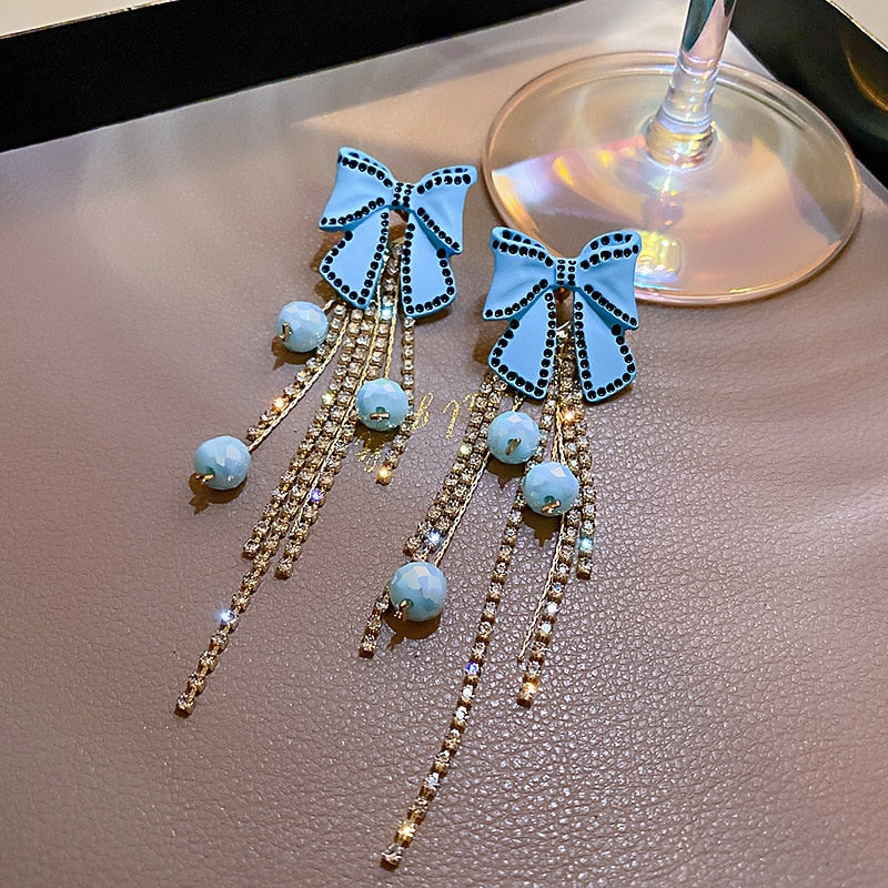Arzonai XIALUOKE Vintage Blue Bow Dangle Earrings For Women Elegant Cute Long Tassel Crystals Beads Party Earrings Accessories