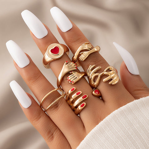 Arzonai European and American cross-border Hug Me Golden jewelry red dripping hand six-piece ring love geometric open ring set