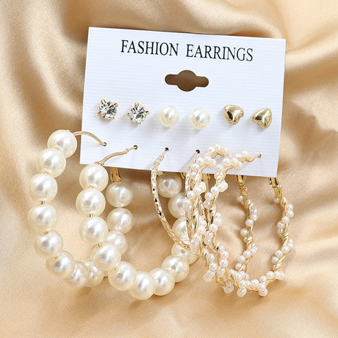 Arzonai exaggerated large ear hoop earrings set, peach heart studs, temperament winding pearls, 6 pairs of plate earrings