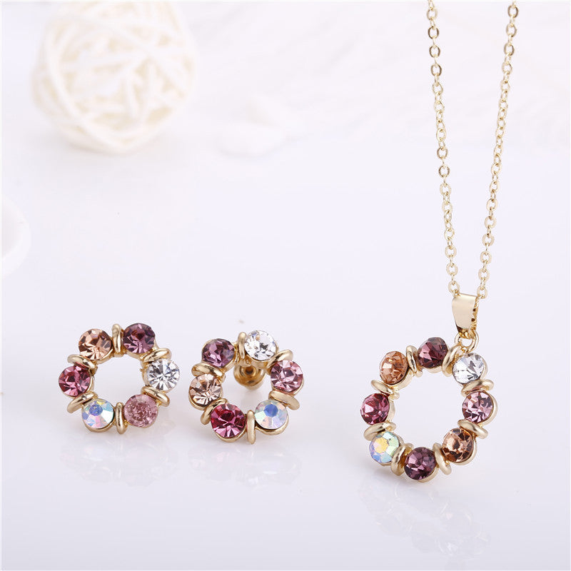 Arzonai New style circle jewelry set color treasure European and American style jewelry diamond circle circle necklace earrings two-piece set