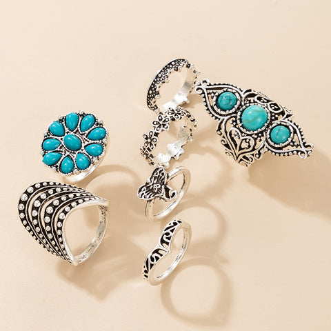 Arzonai fashion jewelry retro ethnic style turquoise elephant geometric graphic 7-piece silver ring set