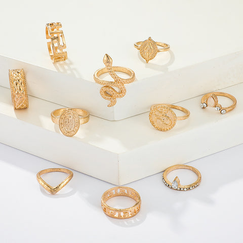 Arzonai European and American cross-border new joint ring creative retro character diamond ring set snake ring 10 piece set