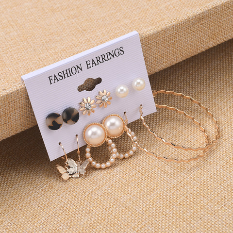 Arzonai New Simple new butterfly pearl circle earrings set simple acrylic plate small flower earrings 6 Piece Set