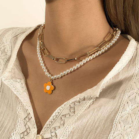 Arzonai ins simple multi-layered metal chain necklace, European and American retro pastoral color small flower imitation pearl necklace