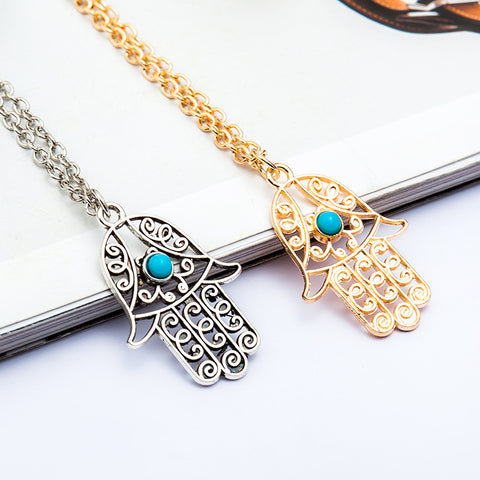 Arzonai Fatima Hand Pendant Necklaces Cord Link Chain Gold Color Women Men Fashion Hamsa Hand Jewelry Blue Beads Pendant Choker