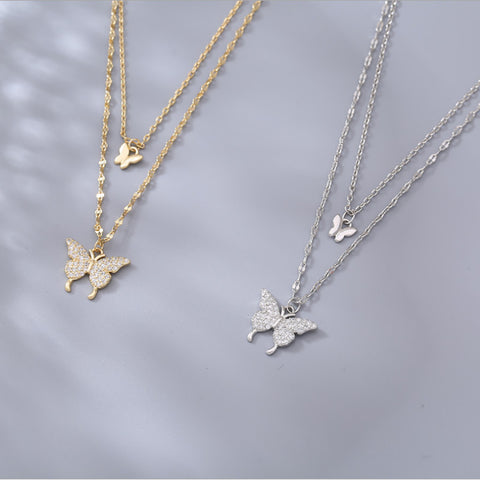 Arzonai fashion simple personality necklace diamond butterfly double-layer necklace temperament design sense necklace-Golden