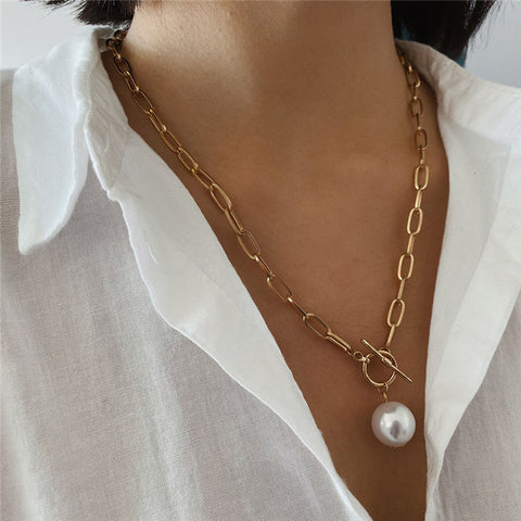 Arzonai European and American cross-border fashion Korean retro metal chain round anti-pearl long sweater chain creative female necklace jewelry