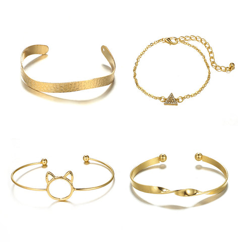 Arzonai European and American simple style bracelet female triangle diamond cute cat metal bracelet bracelet bracelet 4-piece jewelry set