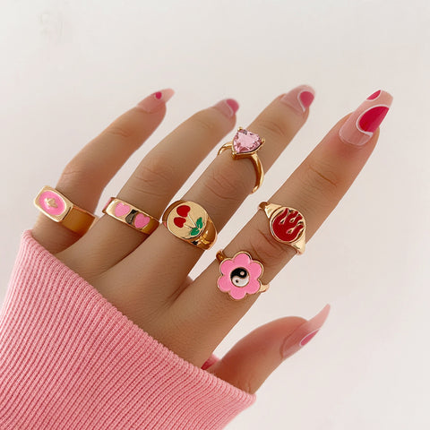 Arzonai fashion new product personality creative yin and yang flower love cherry flame retro joint ring six-piece set